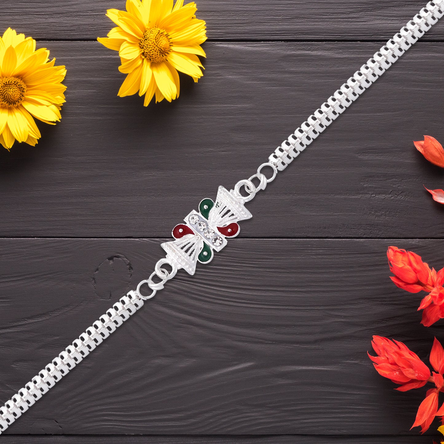 Lord Shiva Damru Rakhi With Tricolor Accents And Stylish Silver Chain