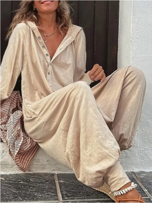 Women'S Casual Beige Hooded Jumpsuit With Long Sleeves And Buttons