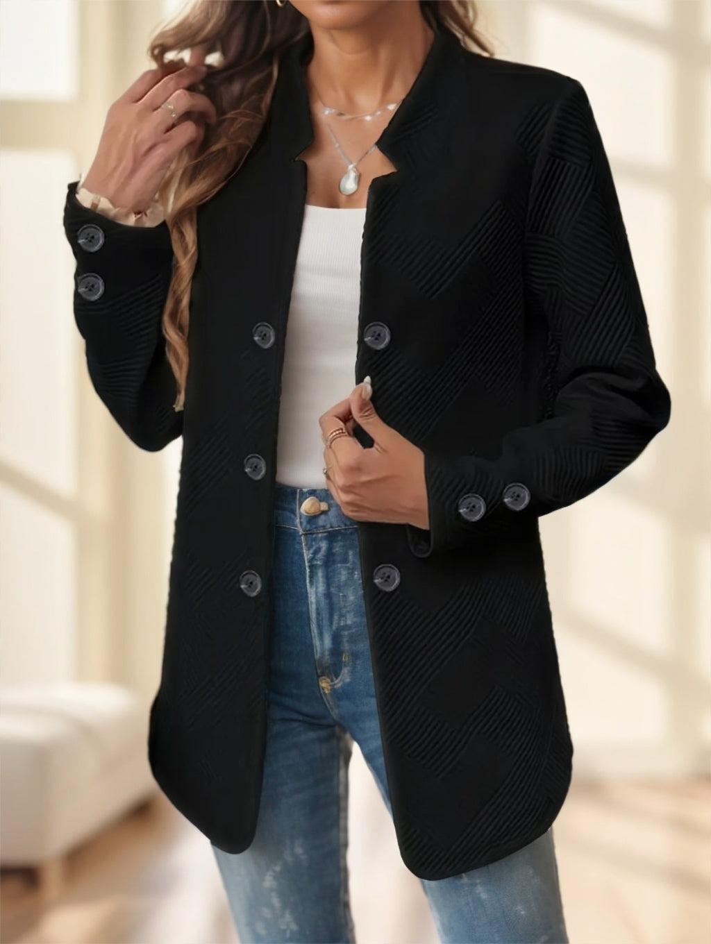 Elegant Plus Size Women'S Casual Knit Polyester Jacket With Double Button Detail And Decorative Pockets