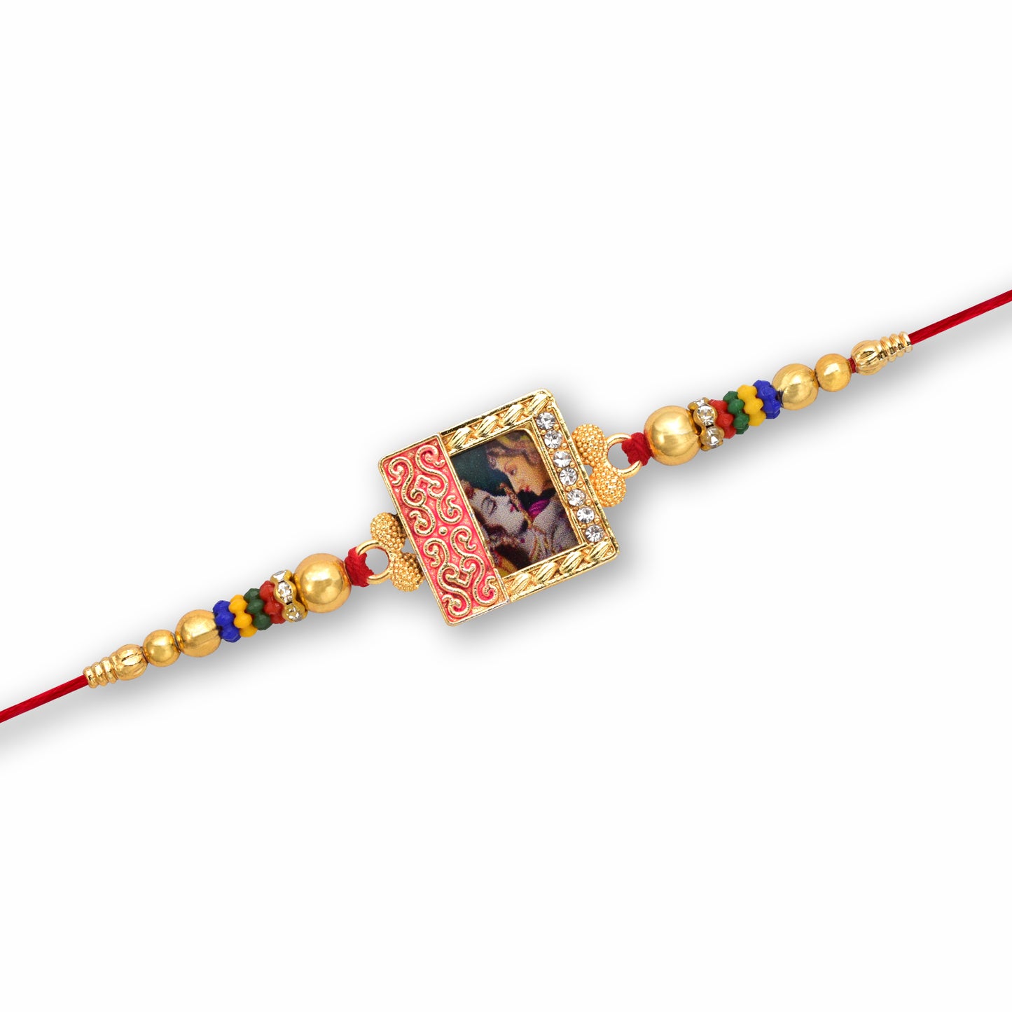 Radha Krishna Rakhi With Ornate Frame Colorful Beads