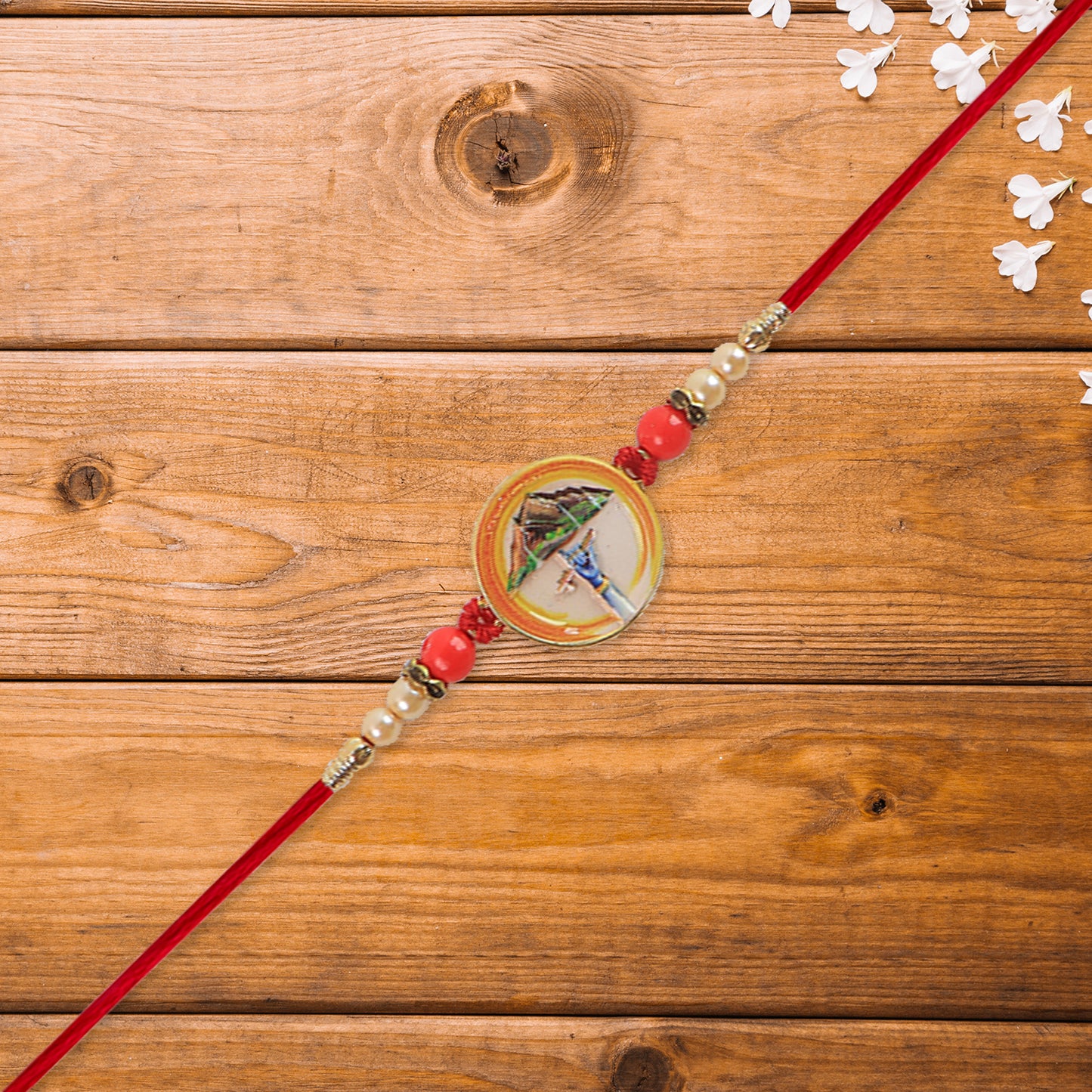 Divine Krishna Govardhan Parvat Rakhi With Pearl Mauli Thread