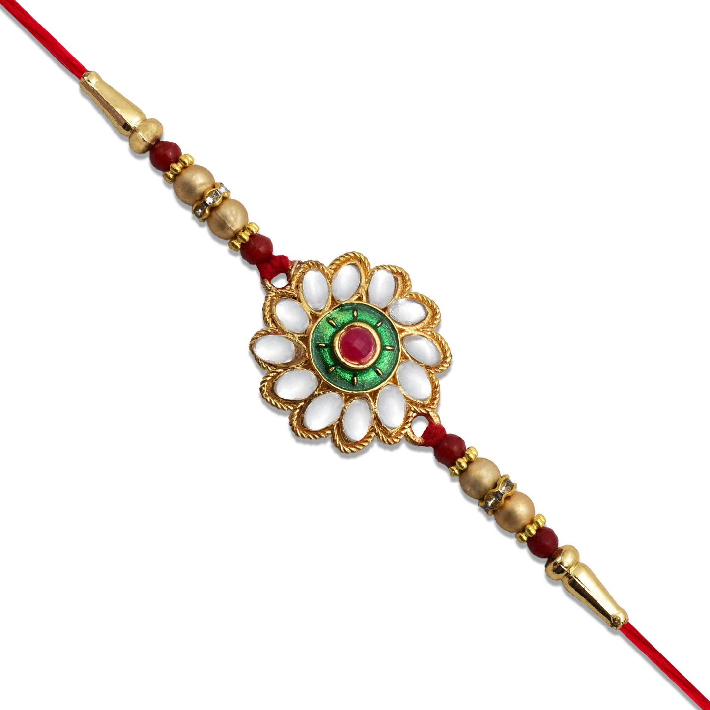 Kundan Floral Rakhi With Green Red Centerpiece