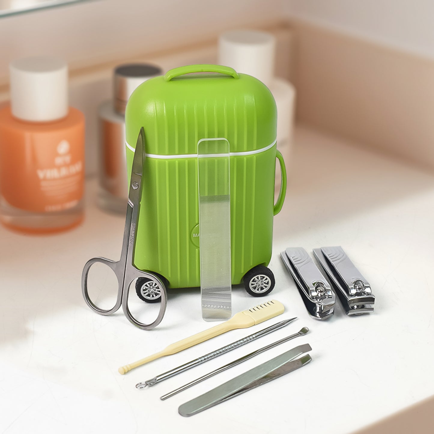Manicure Kit Pedicure Tools For Feet Nail Clipper (8 Pcs Set With Mini 4 Wheel Suitcase Trolley)