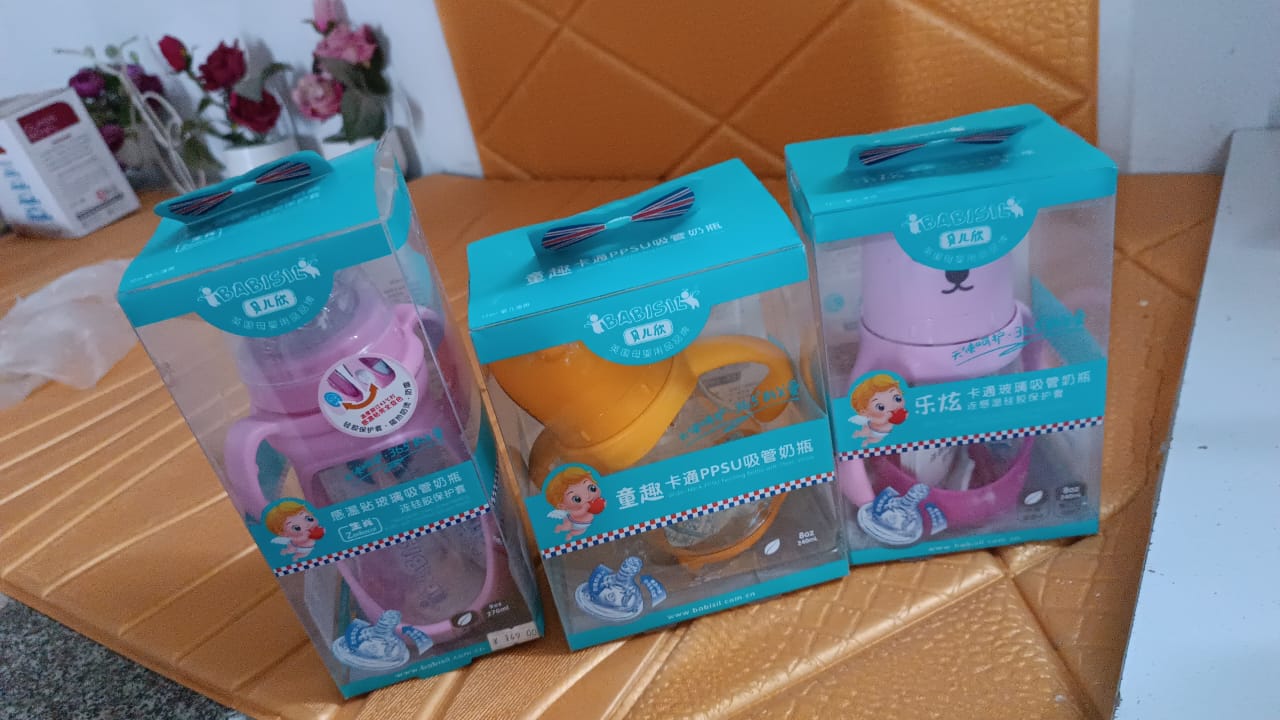 Baby Feeding Bottle With Handles Straw (Mix Design Size Color 1 Pc)