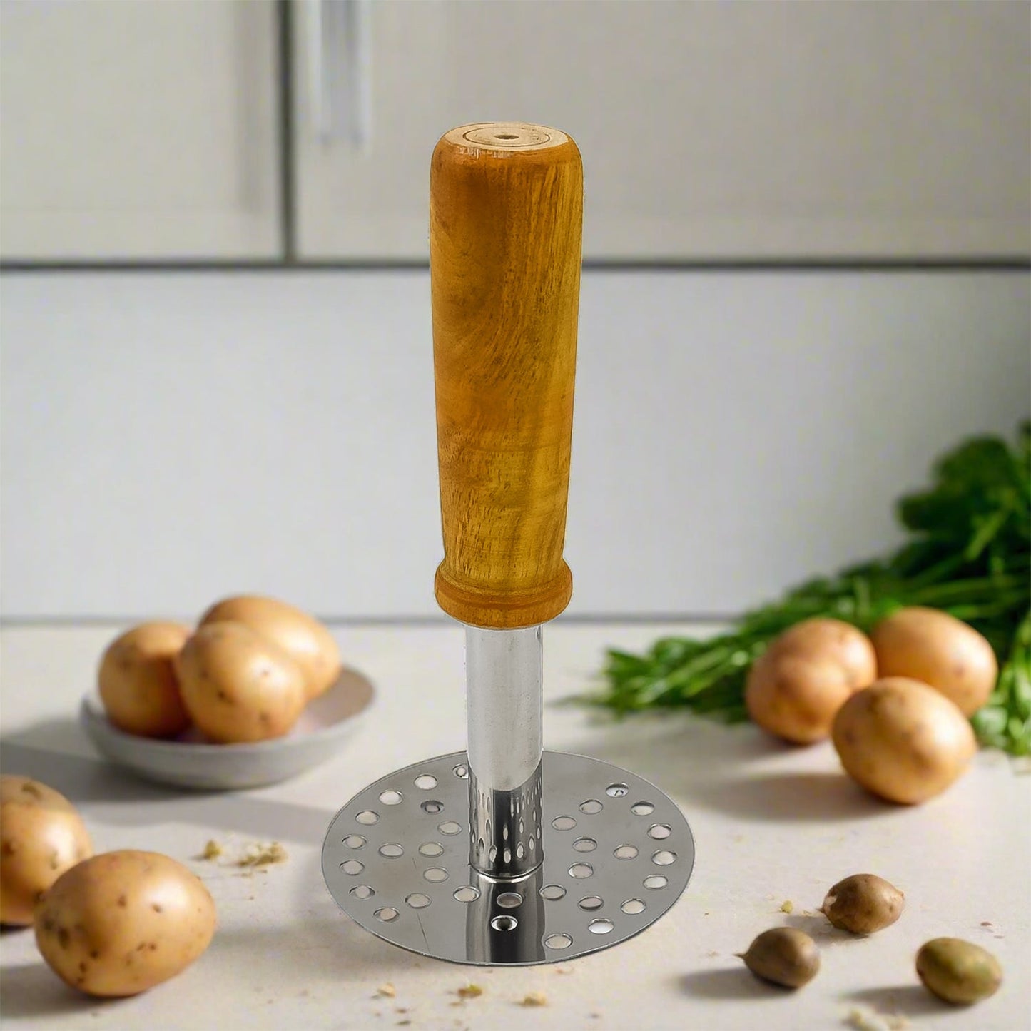 High Grade Stainless Steel Potato Masher Paubhaji Pav Bhaji Masher With Wooden Handle (1 Pc)