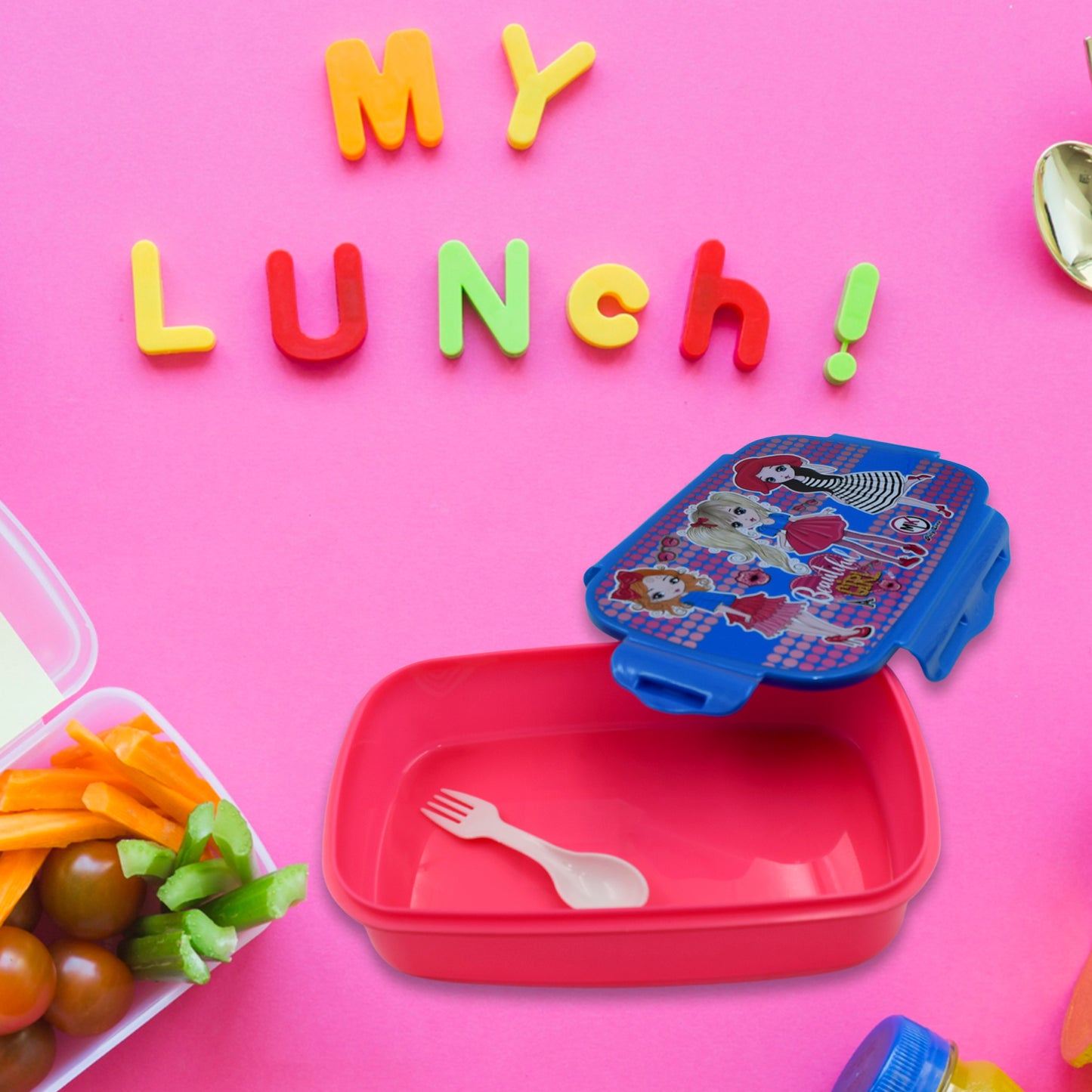 5983 Cartoon Printed Plastic Lunch Box With Inside Small Box Spoon For Kids Air Tight Lunch Tiffin Box For Girls Boys Food Container Specially Designed For School Going Boys And Girls
