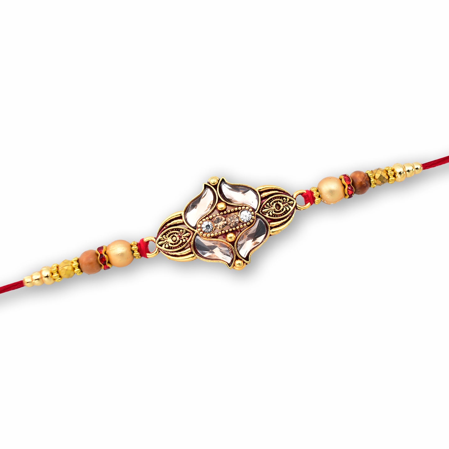 Elegant Floral Designer Rakhi With Gold-toned Beads Red Thread