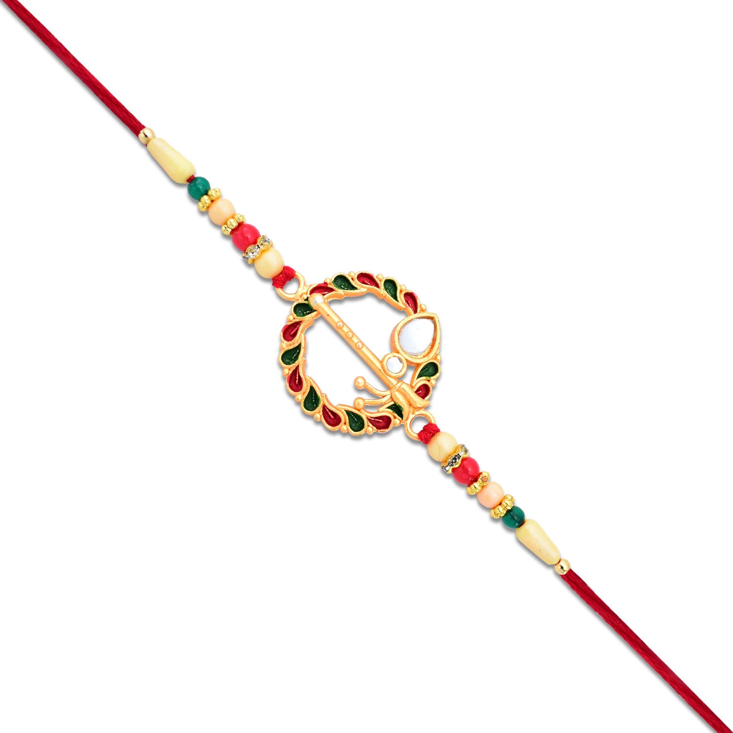 Krishna Flute Rakhi With Colorful Leaf Motif Beads