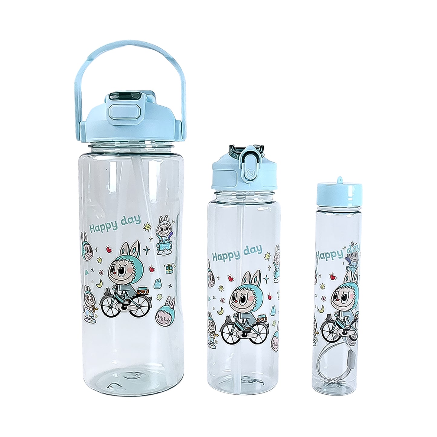 3 In 1 Plastic Water Drinking Bottle With Handle Straw (3 Pcs Set)