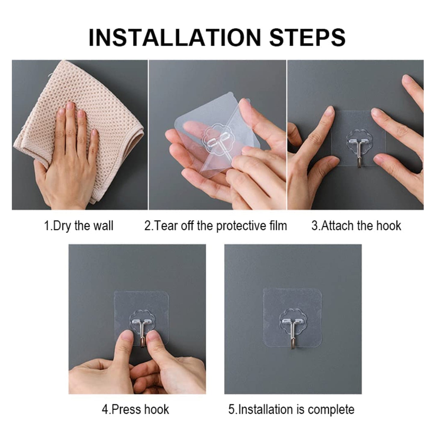 Self Adhesive Transparent Sticky Plastic Stainless Steel Wall Hooks (10 Pcs Set)