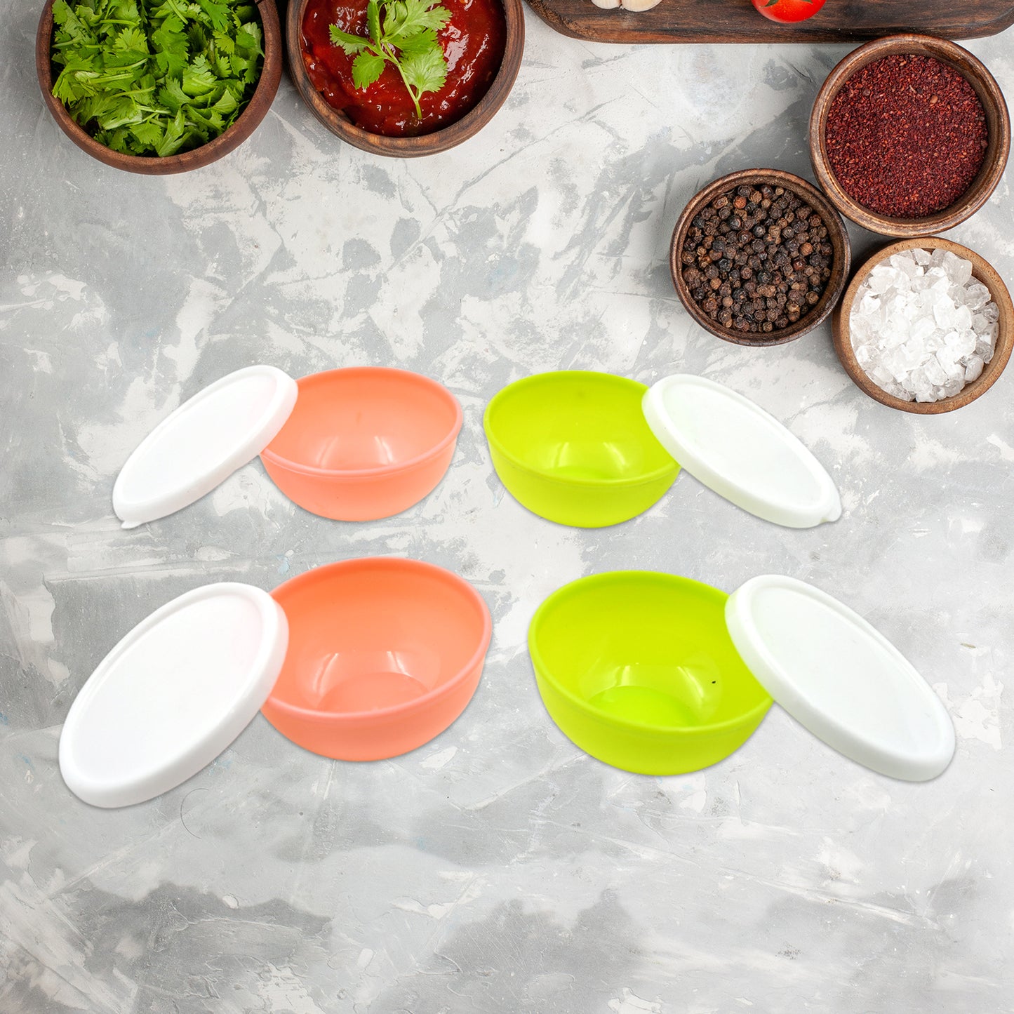 5558 Multipurpose Small Round Plastic Bowl Katori With Lid Microwave Safe Reusable Lightweight Bowl Dishwasher Safe Chutney Bowl (4 Pcs Set)