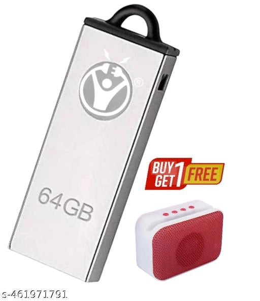 64 Gb Pendrive With Mini Portable Wireless Bluetooth Premium Speaker (Silver & Red, Set of 2)