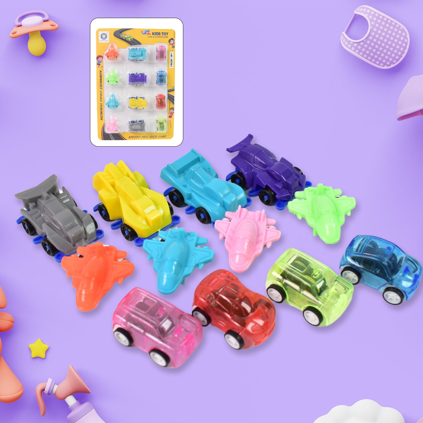 Mini Pull Back Car Aeroplane Plastic Pull Back Car Cartoon Toys (12 Pcs Set)