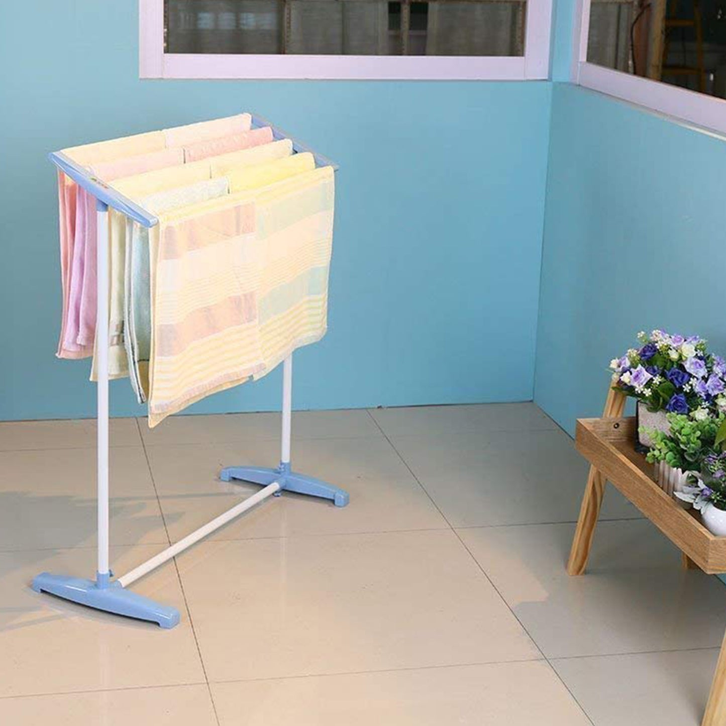 8724 Multi-functional Single Tier Mobile Towel Foldable Rack For Cloth And Towel Stainless Steel And Plastic Made Mobile Towel And Cloth Rack Holder Indoor Outdoor Standing Movable Cloth Dryer Rack Balcony Cloth Drying Stand