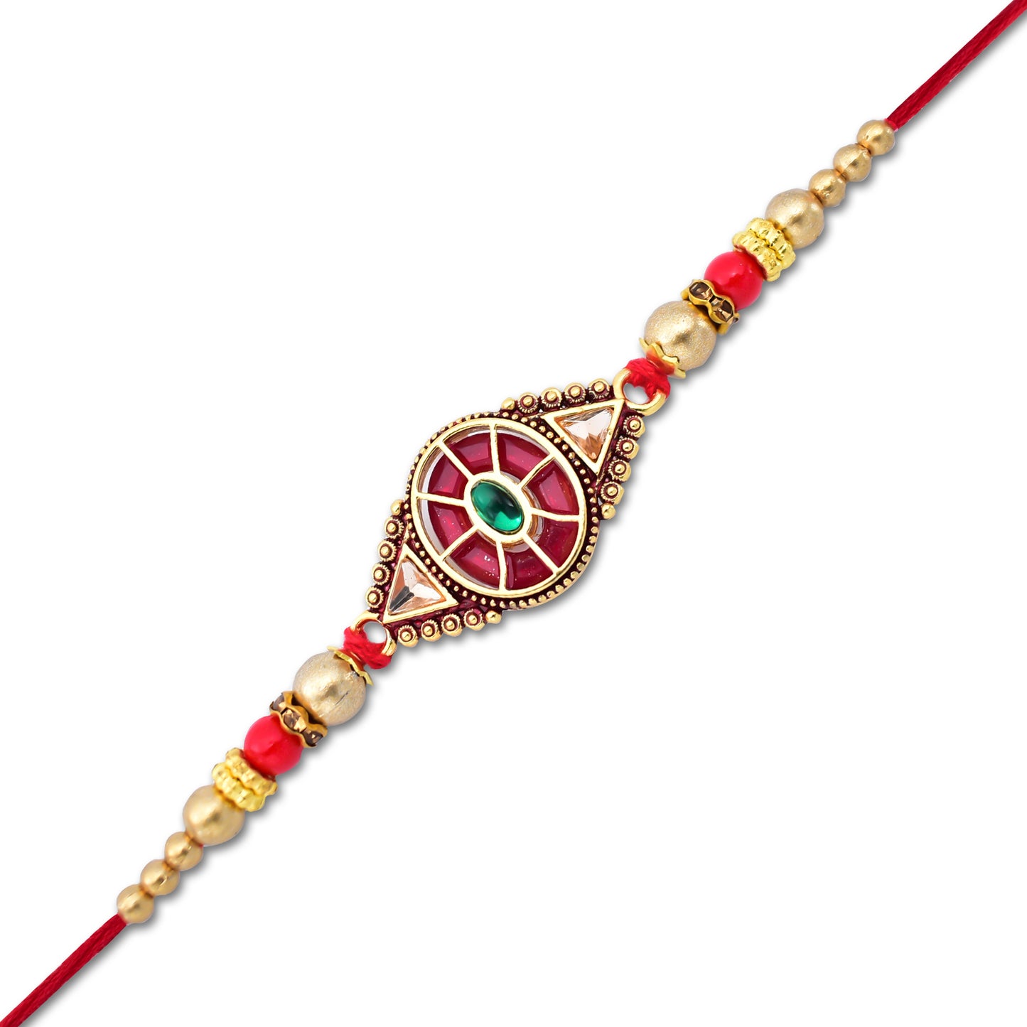 Royal Designer Rakhi With Kundan Centerpiece Red Green Enamel Work And Golden Beads