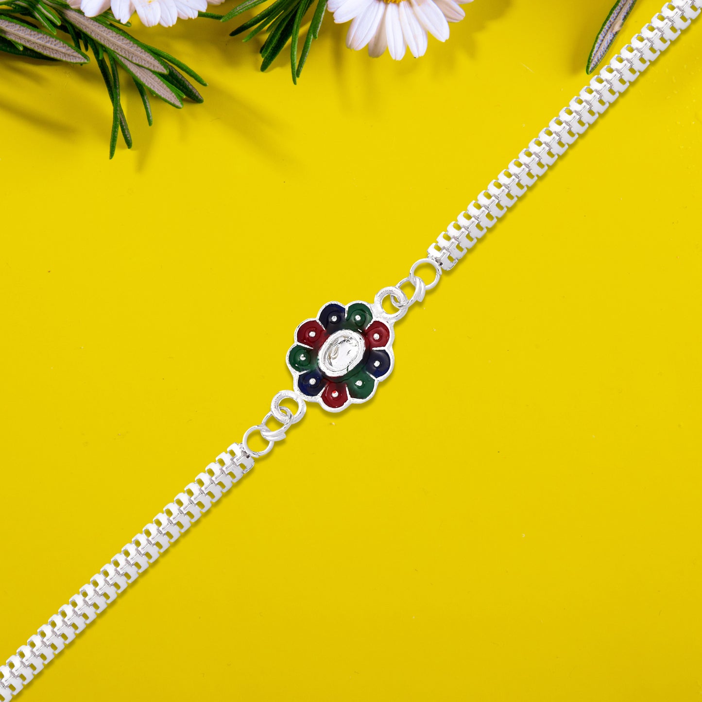 Colorful Petal Design Rakhi On Silver Chain