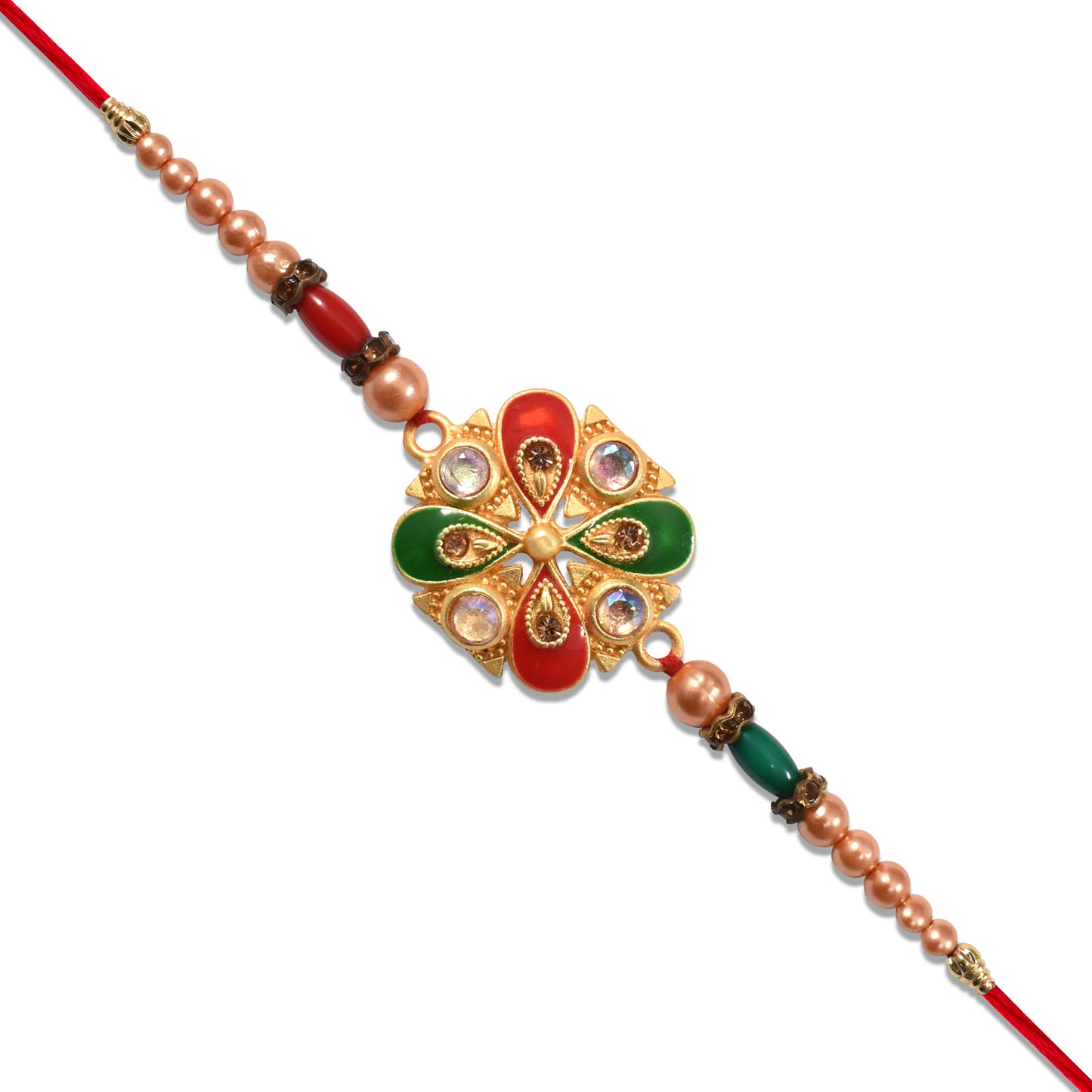 Elegant Meenakari Rakhi With Red-green Enamel Stones