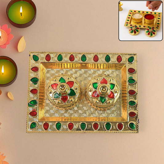 Decorative Golden Pooja Thali With Twin Kumkum Holders And Multicolor Stone Work