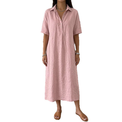 Casual Straight Fit Comfortable Linen Short Sleeve Polo Neck Dress for Women