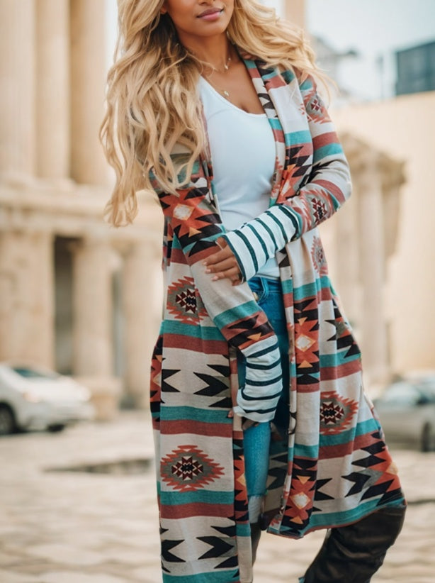 Women's Sweater - Multicolor Geometric Color Block Open Front Long Cardigan