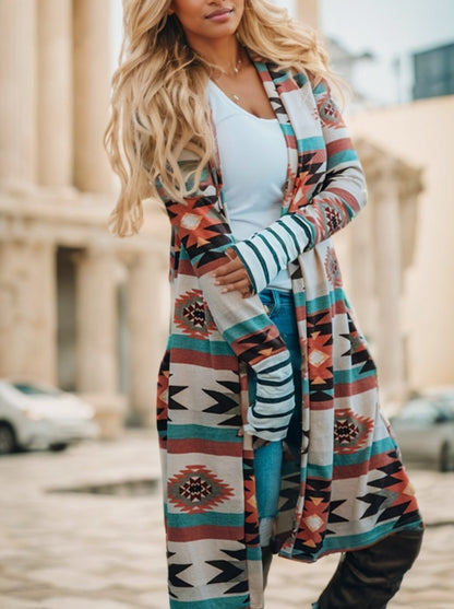 Women's Sweater - Multicolor Geometric Color Block Open Front Long Cardigan