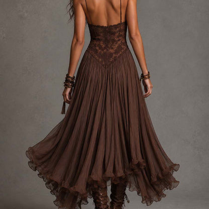 Chiffon Printed Strap Fitted Long Dress, Vintage Flowy Maxi Dress