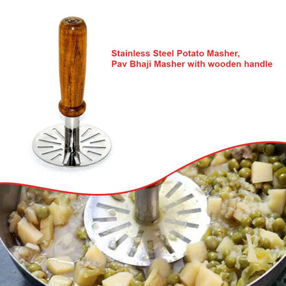 064 Stainless Steel Potato Masher Pav Bhaji Masher With Wooden Handle