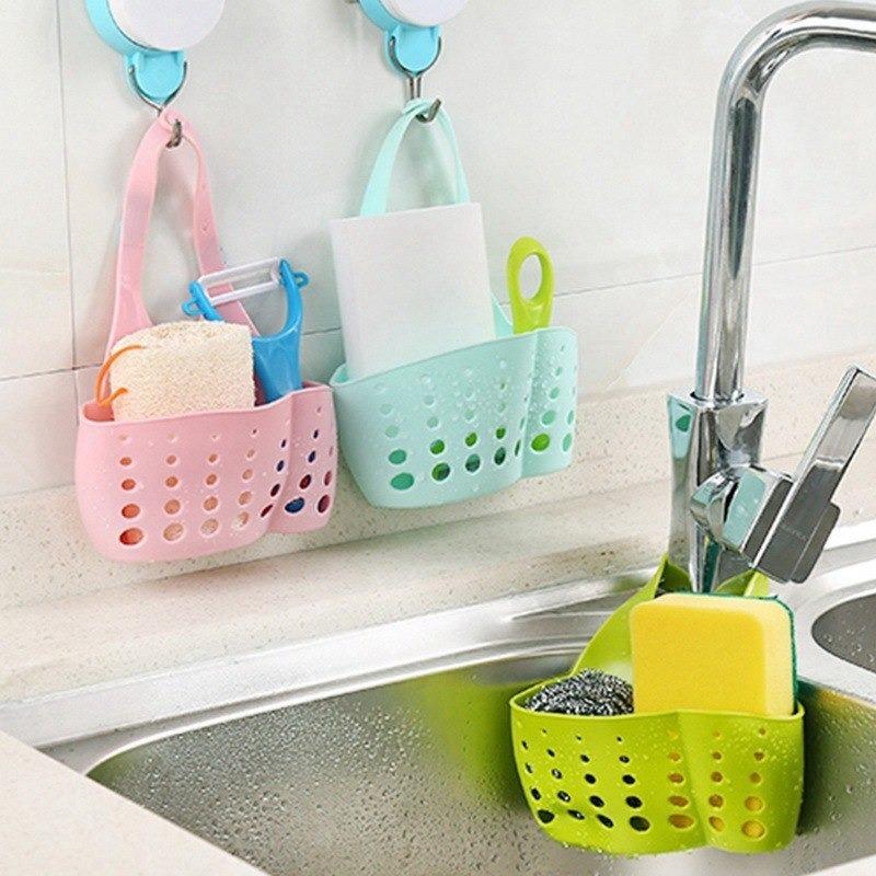 762 Adjustable Kitchen Bathroom Water Drainage Plastic Basketbag With Faucet Sink Caddy