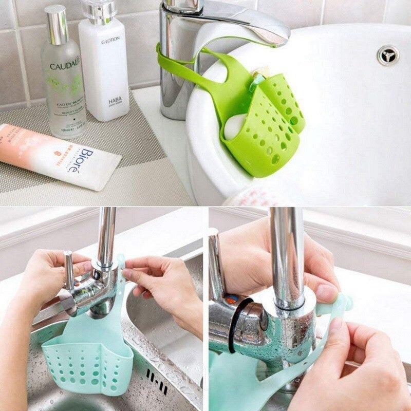 762 Adjustable Kitchen Bathroom Water Drainage Plastic Basketbag With Faucet Sink Caddy