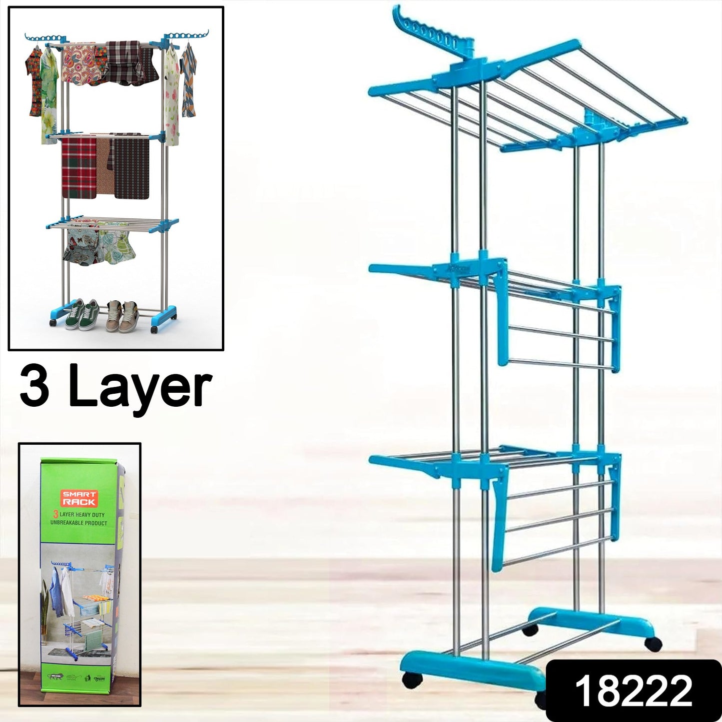 Premium Heavy Duty Stainless Steel 3 Layer Foldable Cloth Drying Stand (1 Set  With Colour Box)