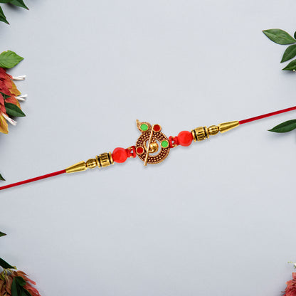 Red Beaded Rakhi With Krishna Symbol