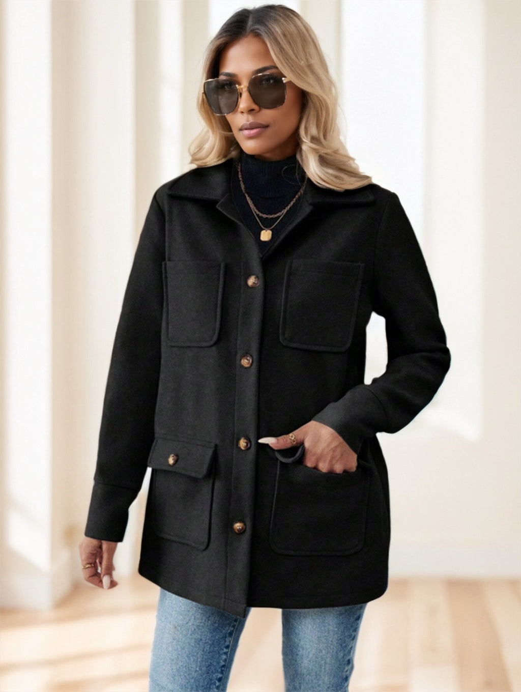 Casual Solid Color Multi-Pocket Jacket, Versatile For Autumn Winter