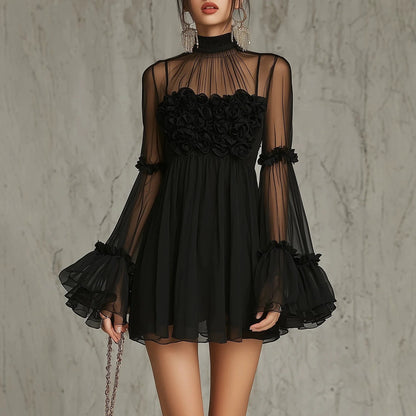 Floral Embroidered Sheer Lace Dress with High Neck and Flared Sleeve