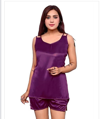 Satin Nightdress Set for Women (Purple, M)