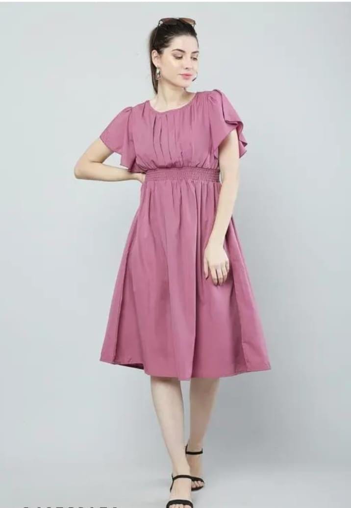 Women Pink Solid Viscose Rayon Fit And Flair Dress