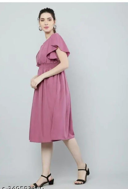 Women Pink Solid Viscose Rayon Fit And Flair Dress