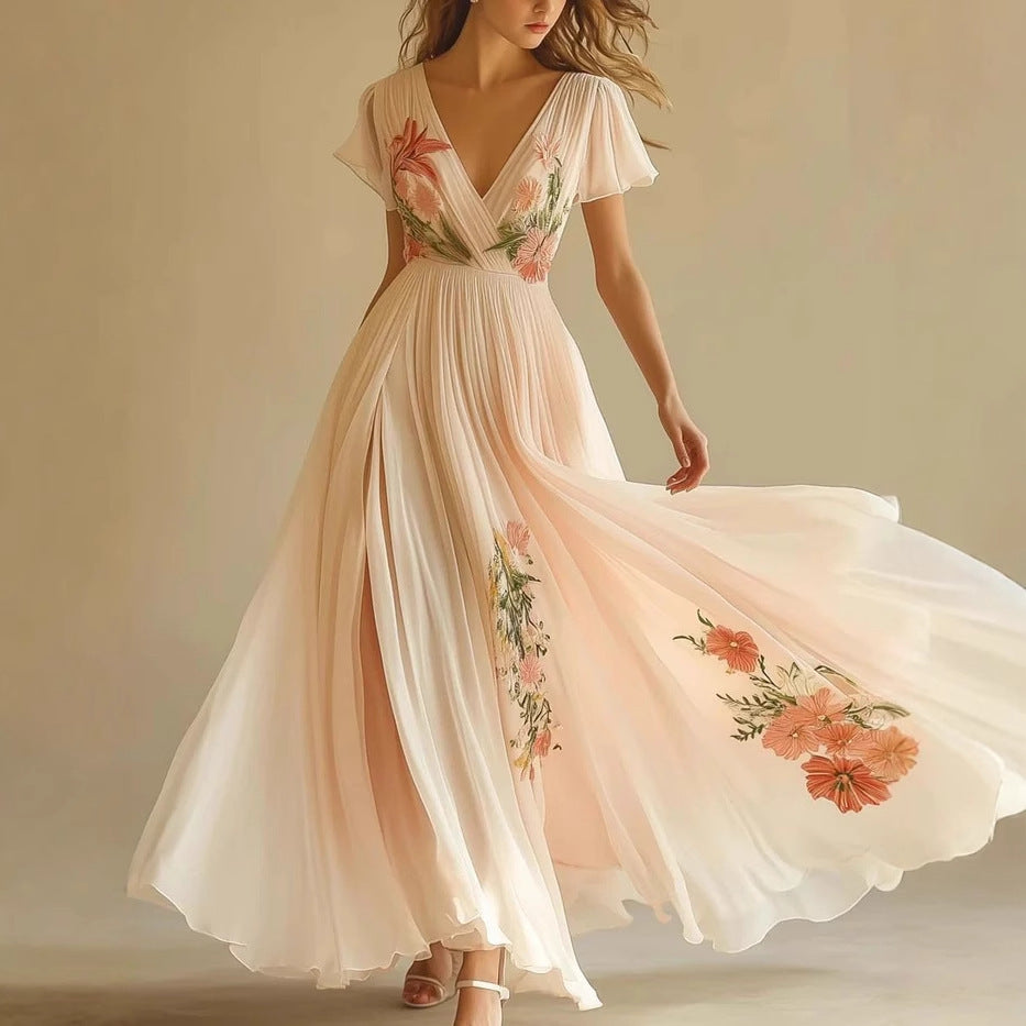Printed long sleeved long collar dress long skirt