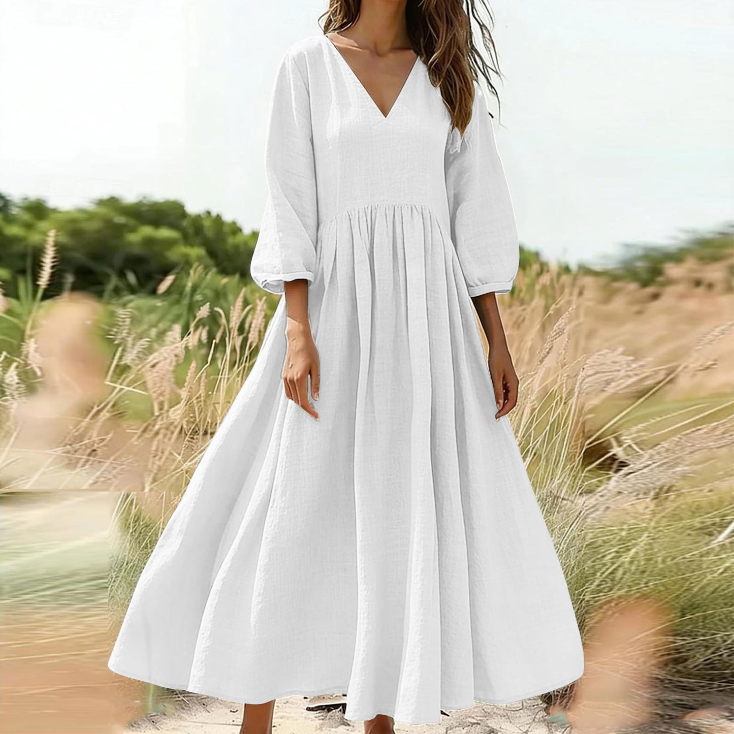 V-neck pleated dress