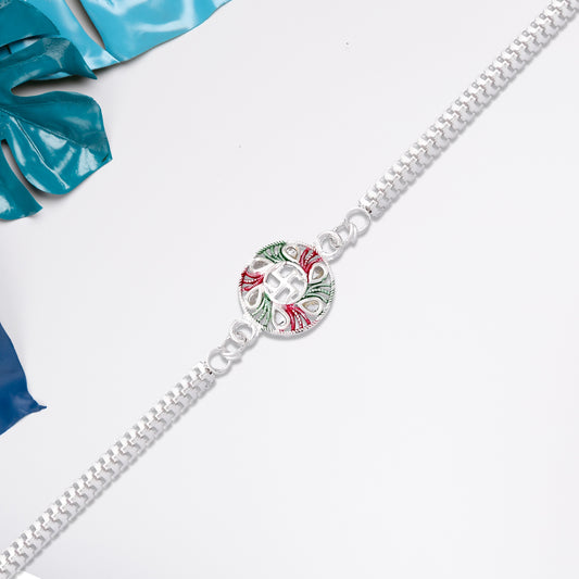 Swastik Design Rakhi With Tricolor Enamel And Silver Metal Chain