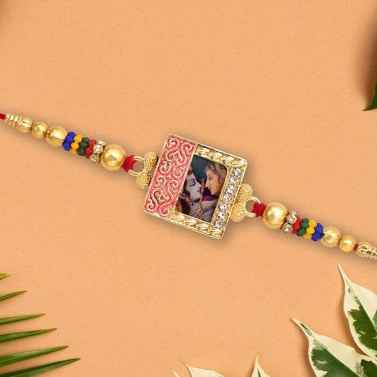 Radha Krishna Rakhi With Ornate Frame  Colorful Beads