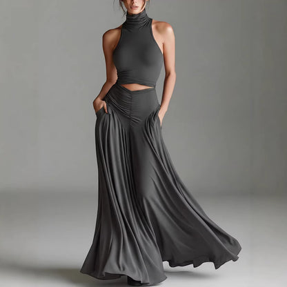 Style Sleeveless High Neck Top with Elegant Long Dress Two-Piece Set