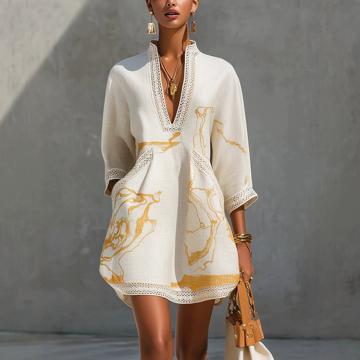 Printed lace trimmed seven quarter sleeved cotton linen short dress