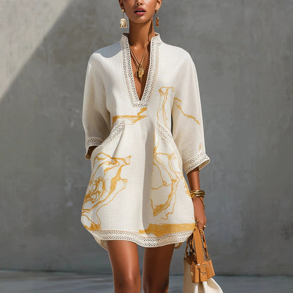Printed lace trimmed seven quarter sleeved cotton linen short dress