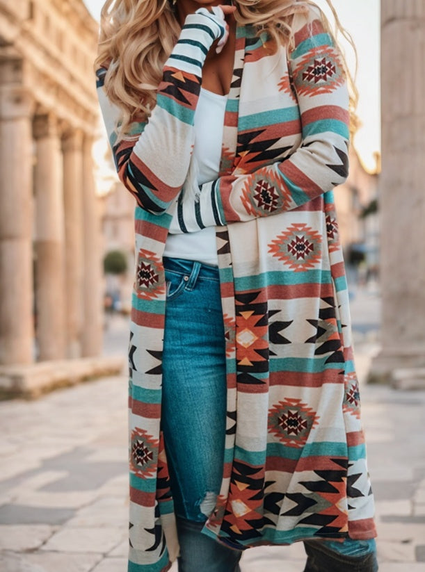 Women's Sweater - Multicolor Geometric Color Block Open Front Long Cardigan