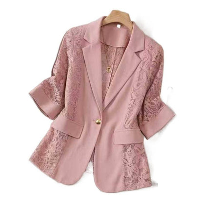 Solid color lace patchwork small suit jacket for women's top