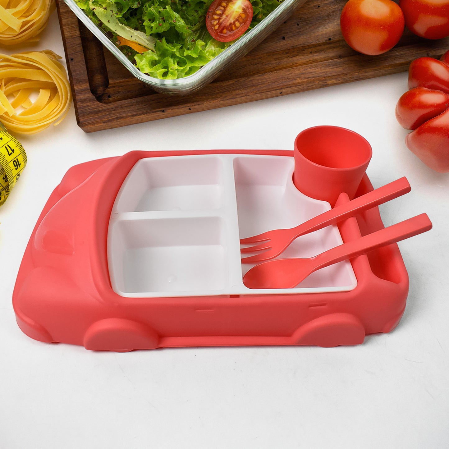 Kids Car Shaped Plates Cup  Lunch Box Dinnerware Set (4 Pcs Set  1000 Ml Lunch Box)