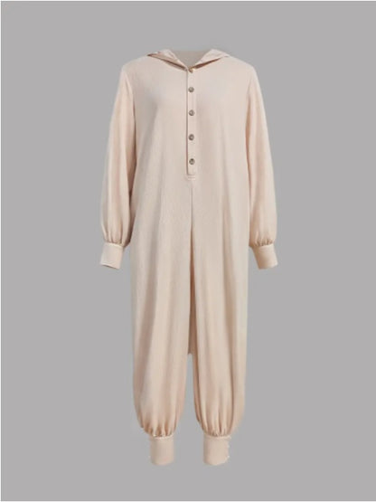 Women'S Casual Beige Hooded Jumpsuit With Long Sleeves And Buttons