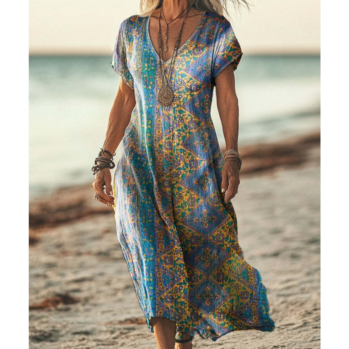 Bohemian Retro Printed Dress With Sleeves