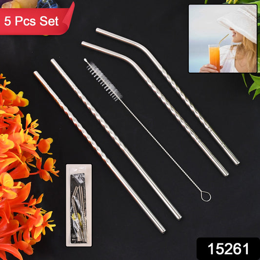 Reusable Stainless Steel Straws Set Of 5 (2 Straight Straws 2 Bent Straws 1 Brush)