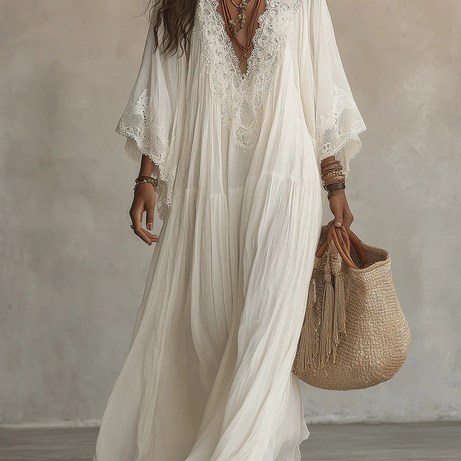 Lace patchwork V-neck long vacation beach dress
